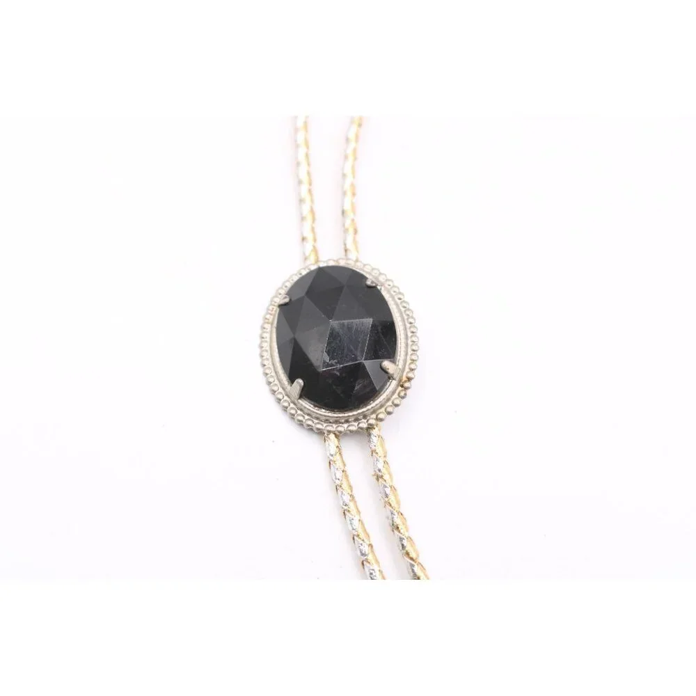 Black Jewel Acrylic Bolo Tie Silver & Gold Braided Cord Oval Faceted Western Vtg